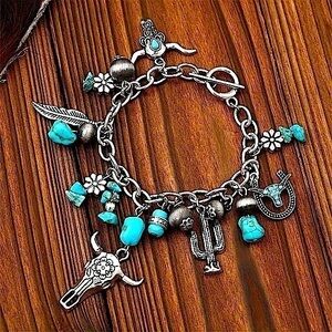 Rustic Western Charm Bracelet Turquoise Stone Southwestern Boho Cowgirl Gifts